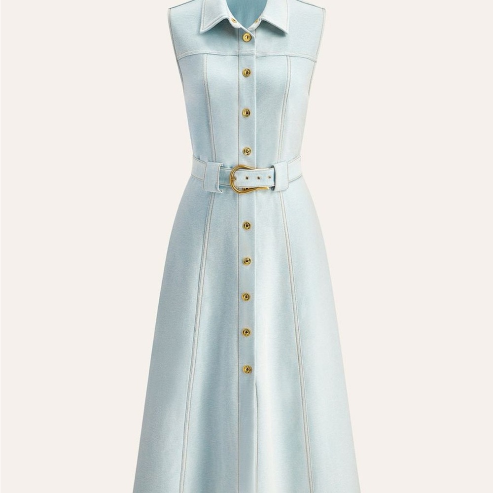 Commense NEW! Belted Button Front DenimBlue Sleeveless Gold Button Midi Dress